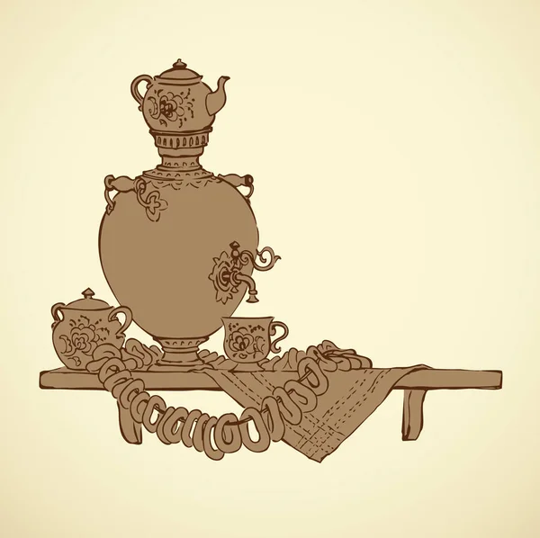 Векторный эскиз натюрморта с соусом, бубликами и вареньем — стоковый вектор
