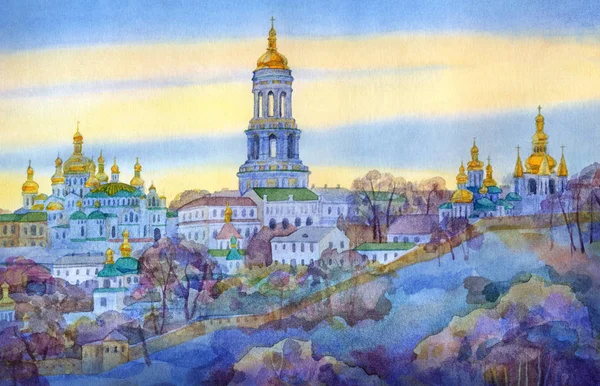 Watercolor cityscape. Monastery on steep hill in winter evening — Stock Photo, Image