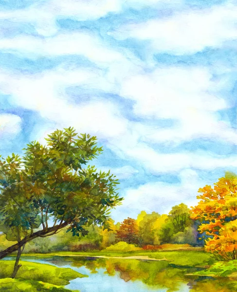 Watercolor background with landscape of sunny autumn day — Stock Photo, Image