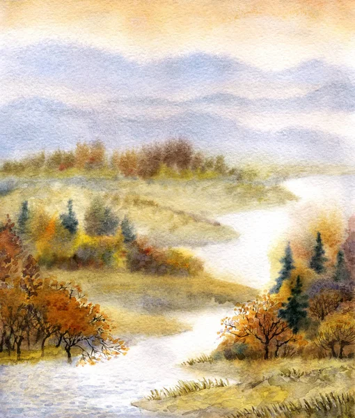 Akvarel krajiny. řeka v podzimním lese — Stock fotografie