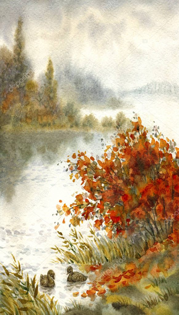 Watercolor landscape. Sketch of the autumn lake 