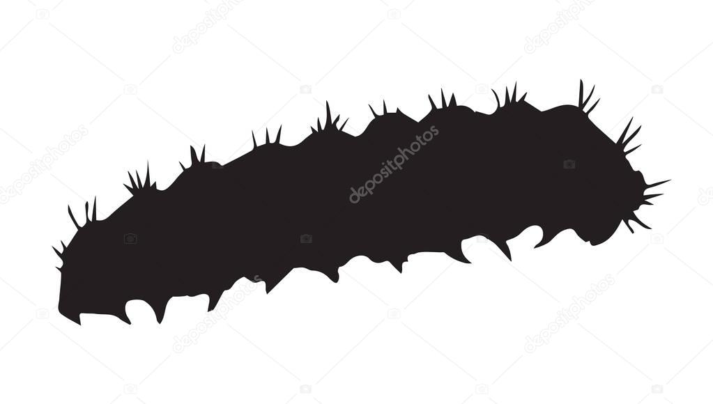 Big wild garden hairy butterfly grub isolated on white backdrop. Dark ink hand drawn picture in art retro etching sty. Close-up micro view with space for text