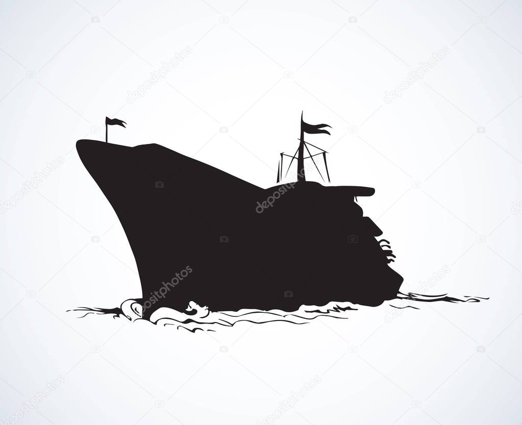 Big obsolete naval SS isolated on white backdrop. Dark ink hand drawn picture in art antique style pen on paper. Side view with space for text on sky