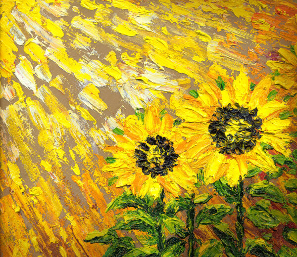 Abstract painting. Bright sunflowers on the field
