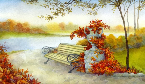 Decorative bench in autumn park — Stock Photo, Image