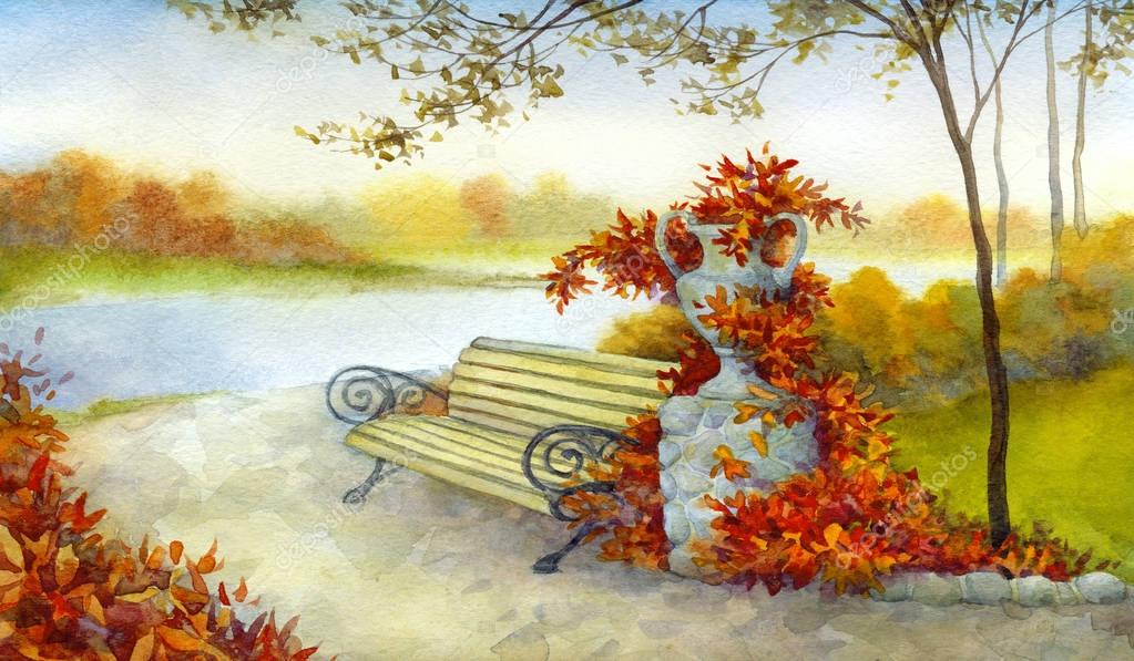 Decorative bench in autumn park