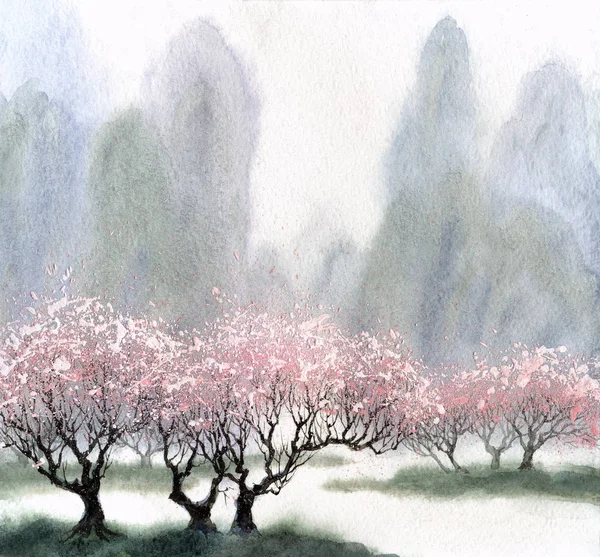 Paysage aquarelle. Floraison d'arbres près de la rivière — Photo