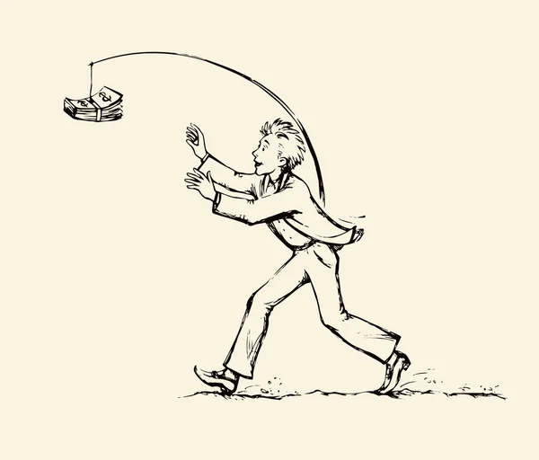 Hombre persiguiendo dinero por un precipicio. Dibujo vectorial — Archivo Imágenes Vectoriales