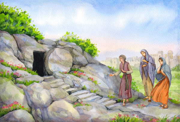 Open empty tomb. Watercolor painting