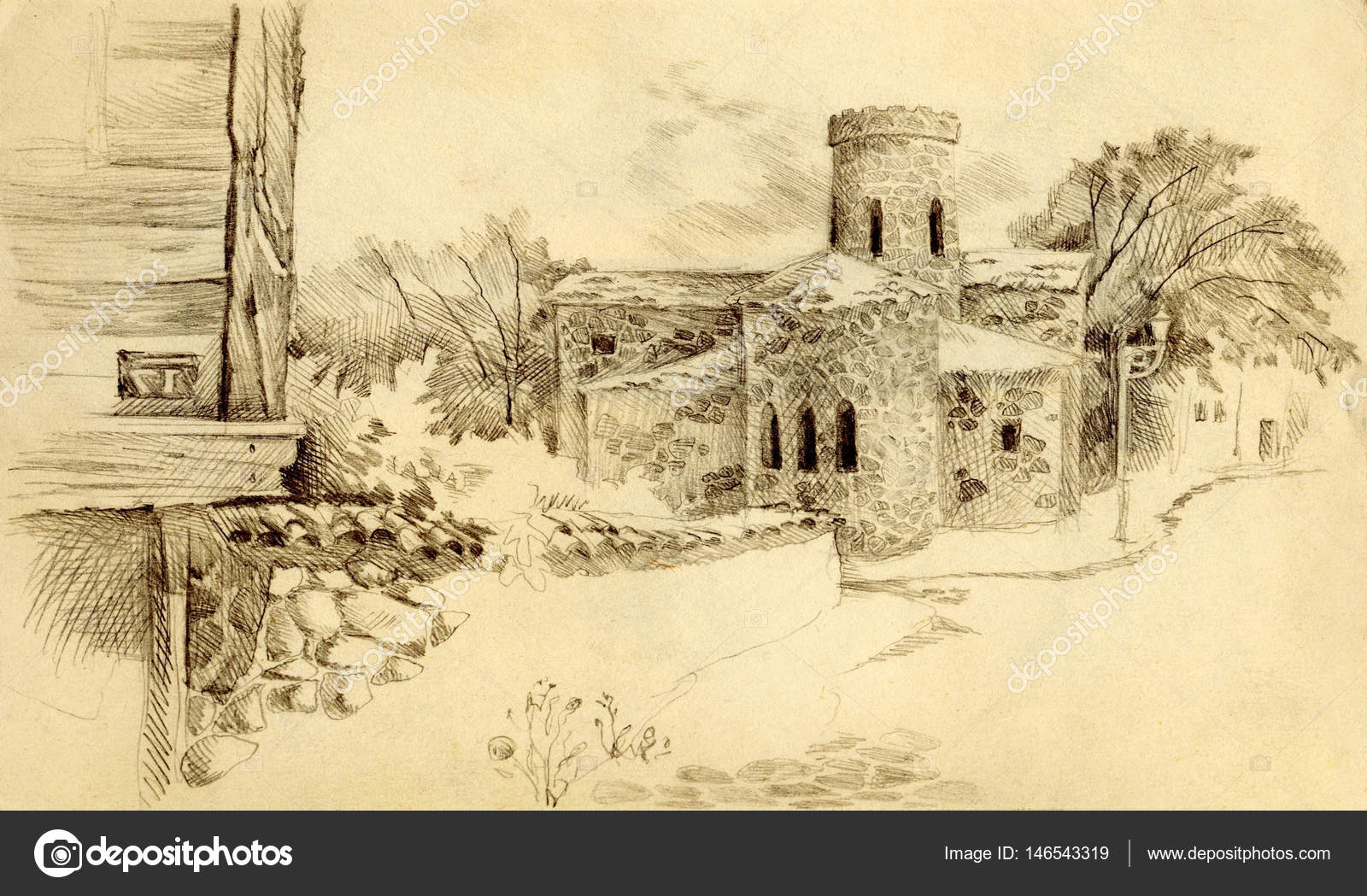 photo Cityscape Sketch Pencil pencil drawing cityscape with the old church stock photo image by c marinka 146543319