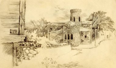 karakalem. Cityscape eski kilise