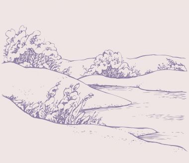  vektör çizimi. donmuş nehir, orman yatay kış 