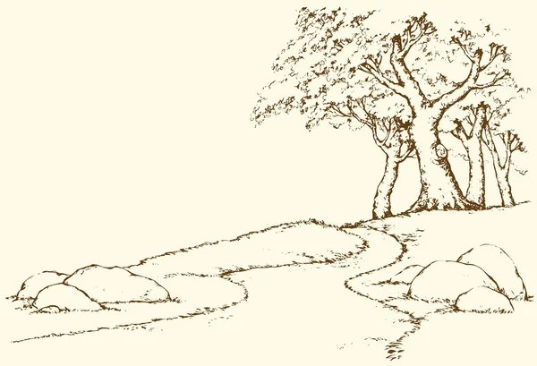 Berglandschap met eiken bomen. Vector tekening — Stockvector