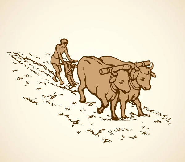Vector drawing. Primitive agriculture. Peasants treated field — Stock Illustration Vector drawing. Primitive agriculture. Peasants treated field Royalty Free Stock Vectors