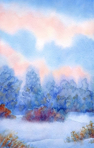 Watercolor background with quiet sunset over winter forest — Stock Photo, Image