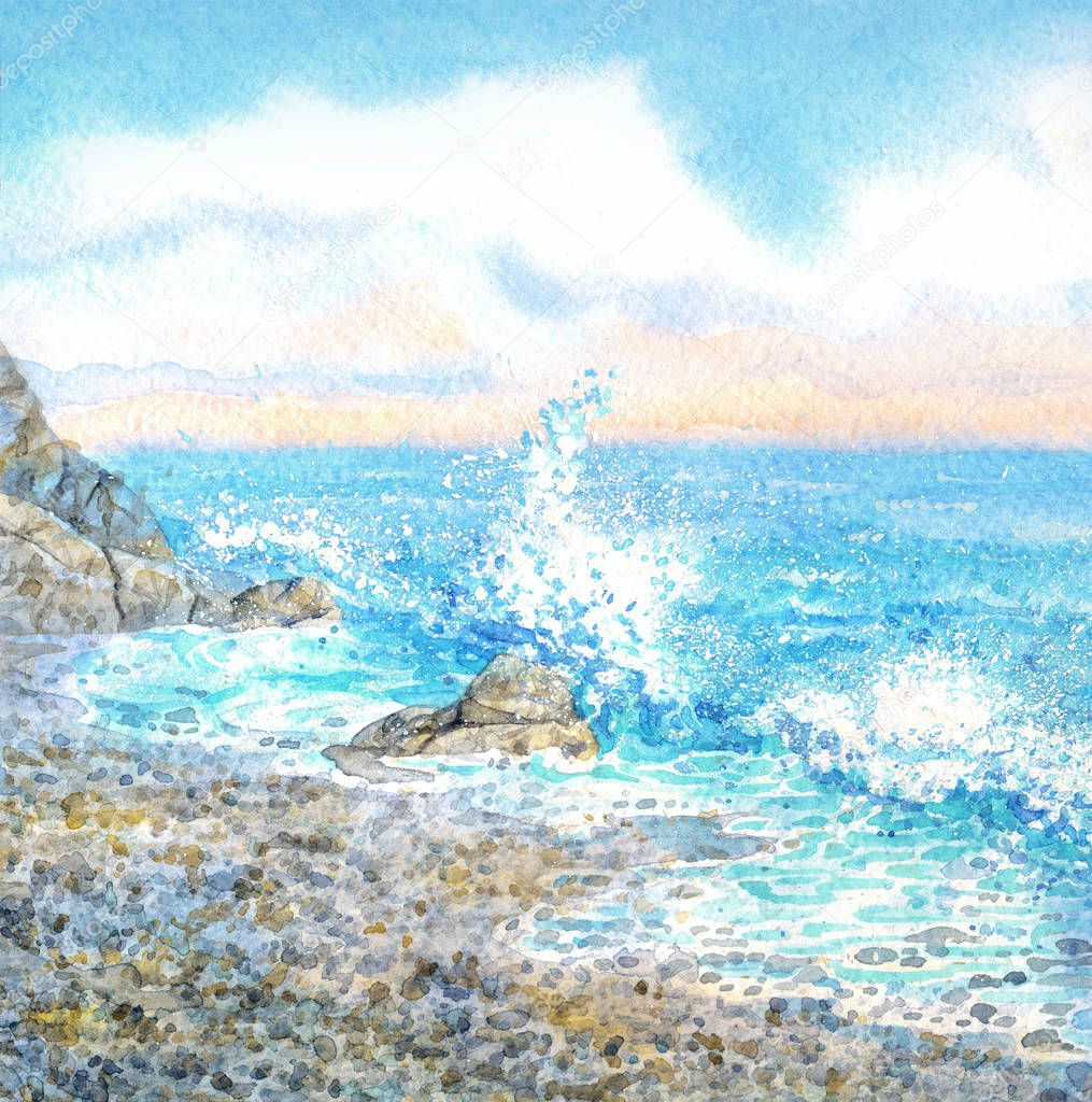 Watercolor seascape. Surf