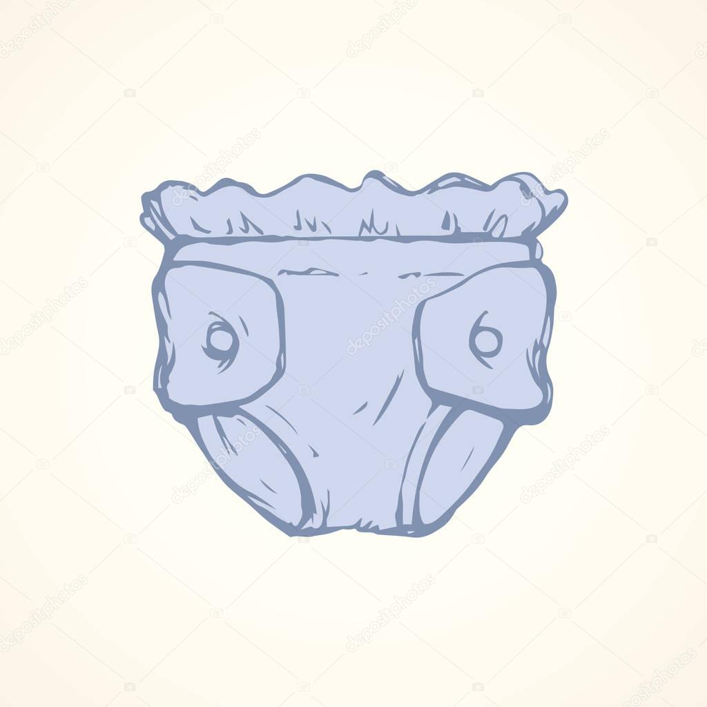 Cute waste product defecate diapers on light backdrop. Freehand outline blue ink hand drawn picture logo sketchy in art scribble retro style pen on paper. Close up front view with space for text