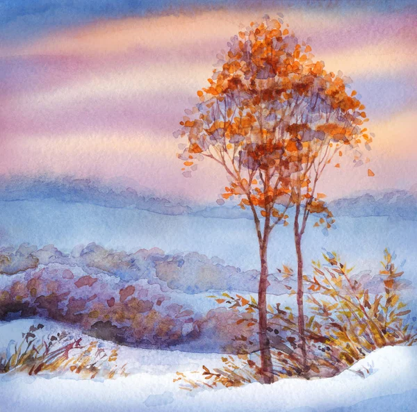 Aquarell Winterlandschaft. Schneebedecktes Tal und Bäume — Stockfoto