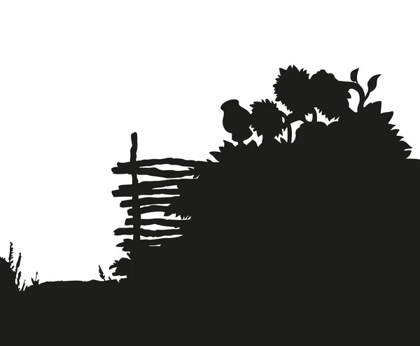 Paisaje vectorial. Girasoles florecientes detrás de la vieja cerca — Vector de stock