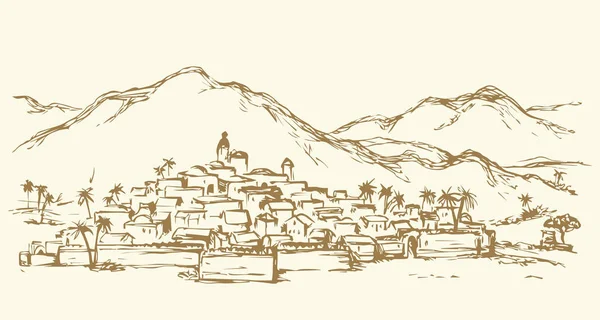 Ciudad en un desierto. Dibujo vectorial — Vector de stock