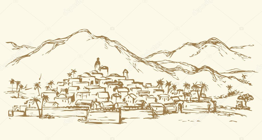 City in a desert. Vector drawing