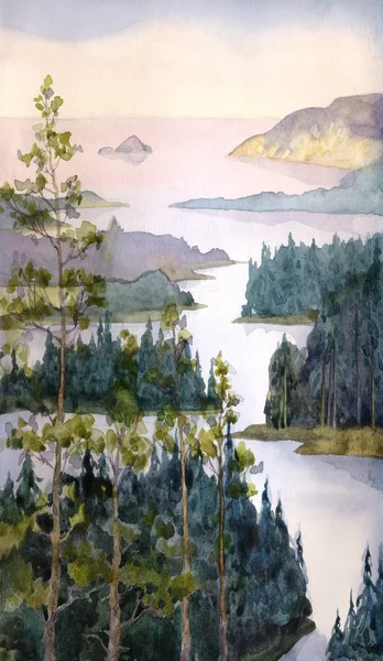 Akvarel krajiny. Řeka z smrkového lesa — Stock fotografie
