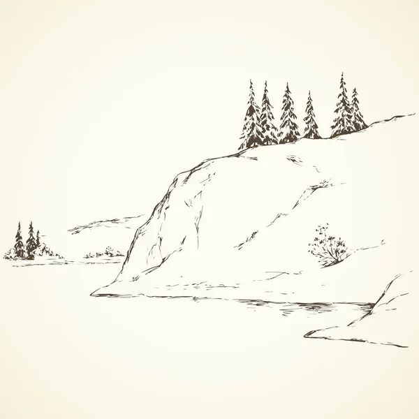 Des sapins sur une colline au-dessus de la rivière. Dessin vectoriel — Image vectorielle