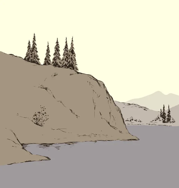 Firs en la colina sobre el río. Dibujo vectorial — Archivo Imágenes Vectoriales