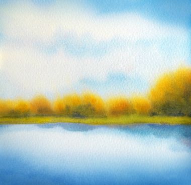 Suluboya manzara. Beyaz bulutların üstünde göl üzerinde mavi gökyüzü