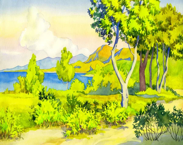Akvarel krajiny. pohled na slunečné pobřeží — Stock fotografie