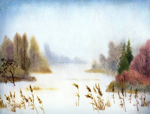 Watercolor landscape. Winter lake — Stock Photo, Image
