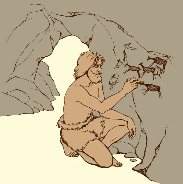 Image vectorielle. L'homme primitif dessine sur le mur de pierre de la grotte — Image vectorielle