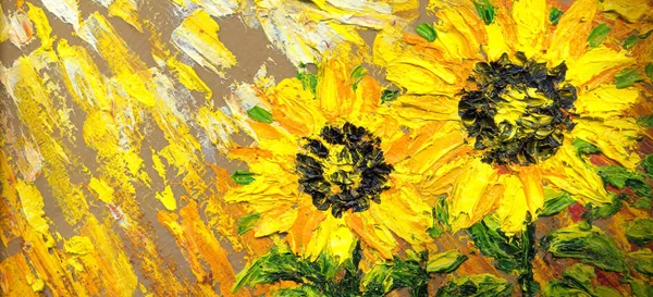 Abstract schilderij. Heldere zonnebloemen op het veld — Stockfoto
