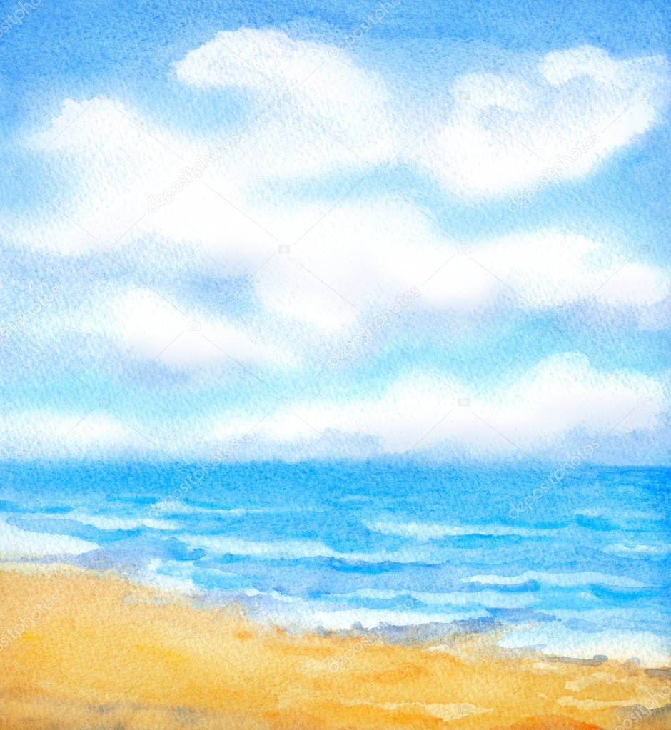 Watercolor background. White clouds in the blue sky over ocean s