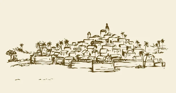 Ciudad en un desierto. Dibujo vectorial — Vector de stock