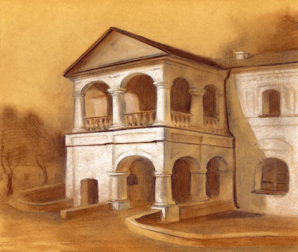 Κιμωλία σχέδιο. πρόσοψη ενός αρχαίου κτιρίου — Φωτογραφία Αρχείου