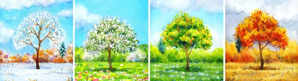 Aquarel landschap reeks "Tree in verschillende seizoenen" — Stockfoto