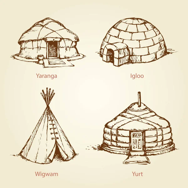 Casas étnicas de diferentes naciones. Dibujo vectorial — Archivo Imágenes Vectoriales