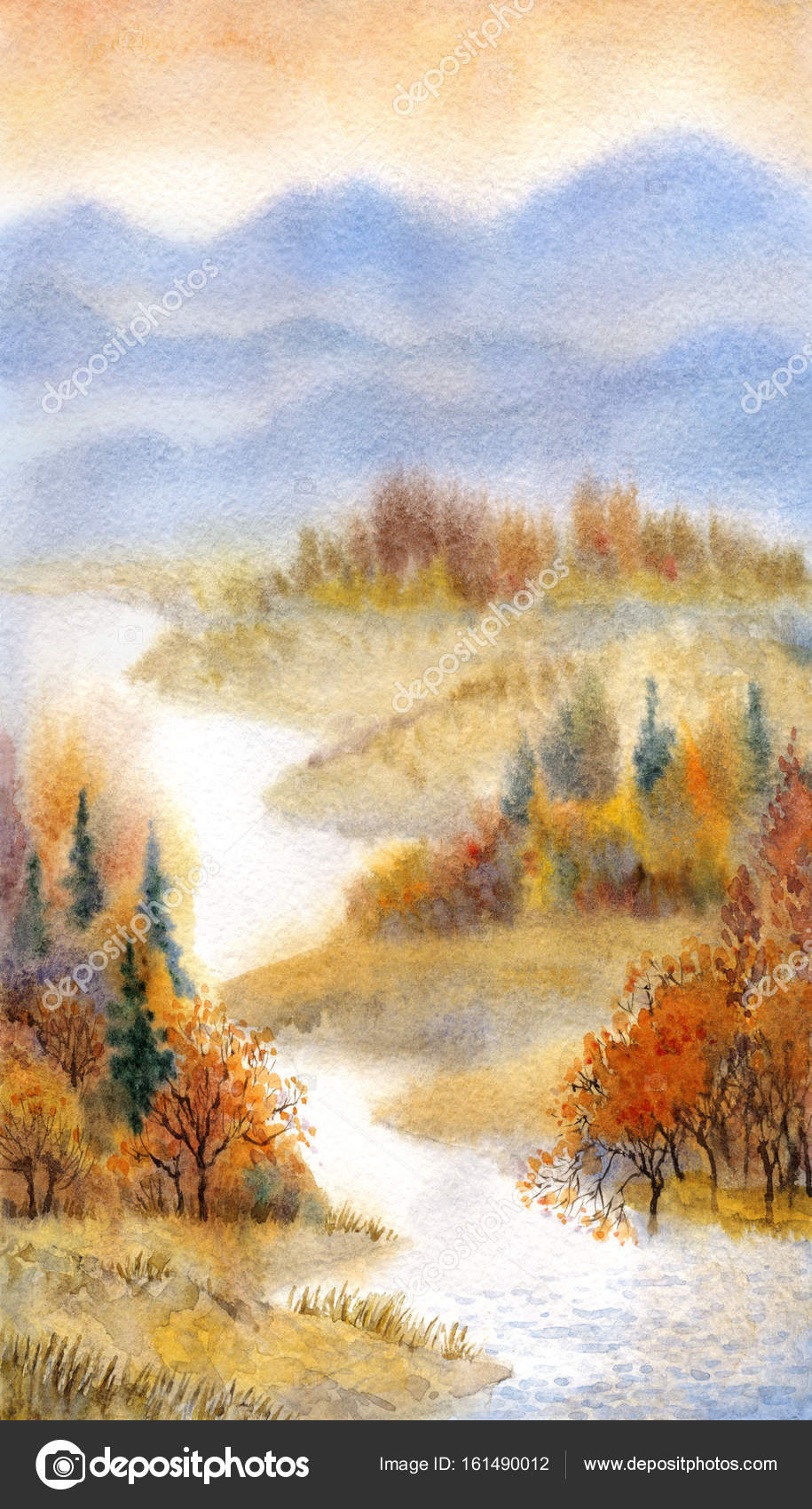 Watercolor Landscape. River In The Autumn Forest Stock Photo By ©Marinka 161490012