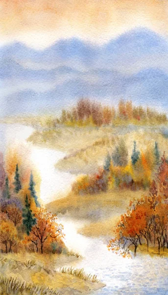 Watercolor landscape. River in the autumn forest — Stock Photo, Image