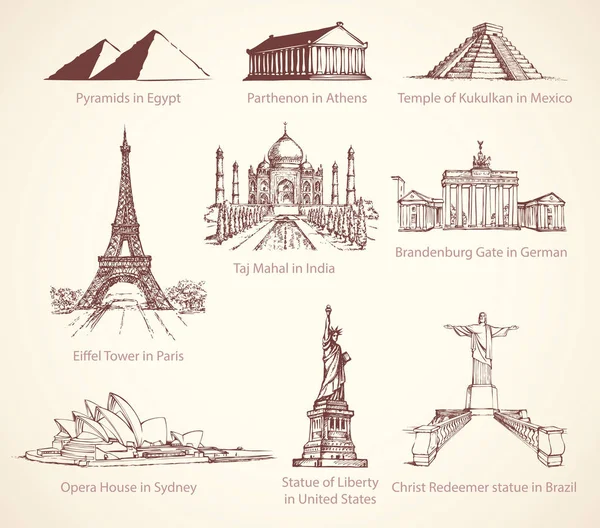 World famous historical monuments. Vector sketch — Stock Vector
