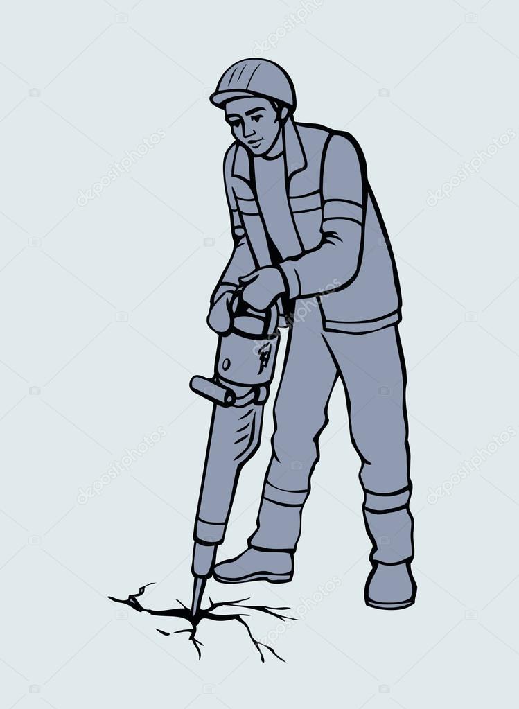 Vector drawing. Roadworks. Construction worker with jackhammer 