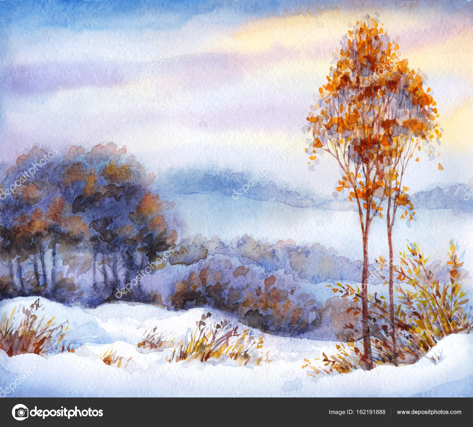 Acquerello romantico luminoso bella colorato su sfondo di carta con spazio per testo Giovani ingialliti piantine sul tumulo innevato sopra un boschetto