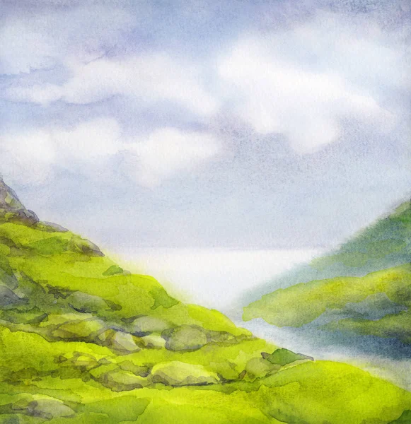 Watercolor landscape. Cloudy summer day in mountains near lake — Stock Photo, Image