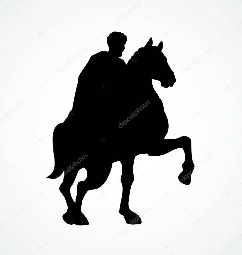 Past war figure of Marc Aurelio in Roma, Italy, Europe. Walking horsemen. Dark ink hand drawn picture emblem in retro print style with space for text on white sky background