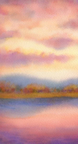 Акварельний пейзаж. Захід сонця над озером — стокове фото