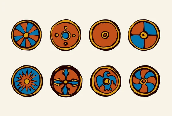 Escudos antiguos de los vikingos. Dibujo vectorial — Vector de stock