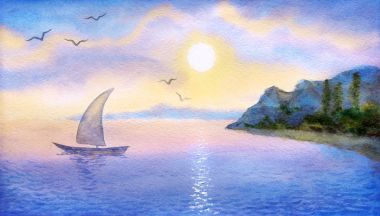 Sailboat on the  sea meets the sun clipart
