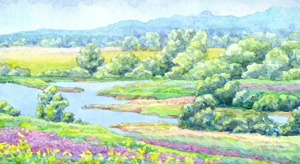 Akvarell landskap. sommaren river på ängarna i dalen — Stockfoto