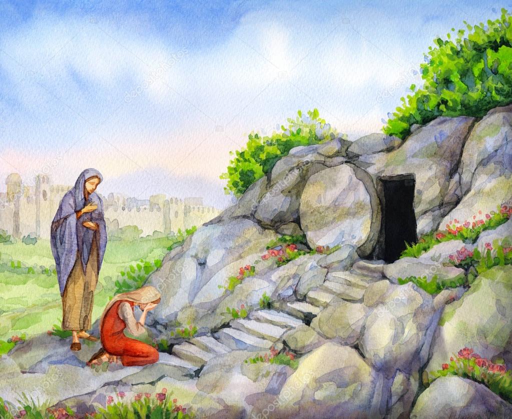 Open empty tomb. Watercolor painting